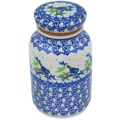 Polish Pottery Jar with Lid 7&quot; Bird Watching