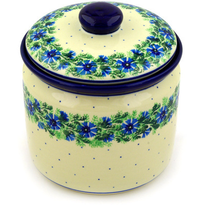 Polish Pottery Jar with Lid 7&quot; Blue Bell Wreath