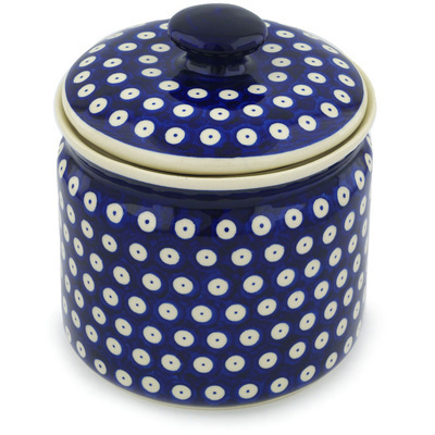 Polish Pottery Jar with Lid 7&quot; Blue Eyed Peacock