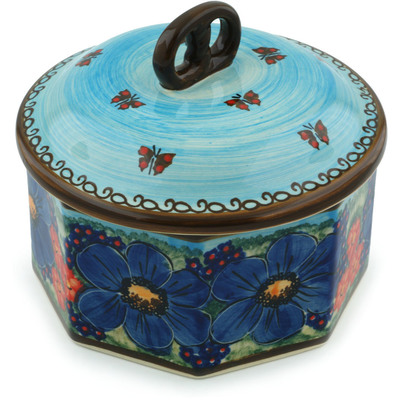 Polish Pottery Jar with Lid 7&quot; Blue Garden UNIKAT