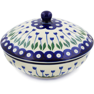 Polish Pottery Jar with Lid 7&quot; Blue Tulip Peacock