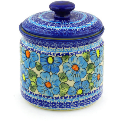 Polish Pottery Jar with Lid 7&quot; Bold Blue Poppies UNIKAT