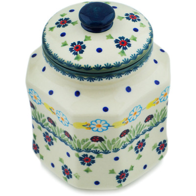Polish Pottery Jar with Lid 7&quot; Flowers And Ladybugs