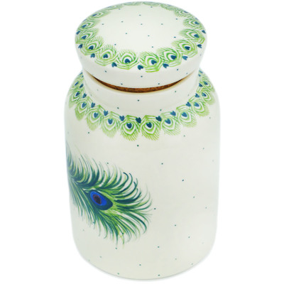 Polish Pottery Jar with Lid 7&quot; Green Fascination Peacock