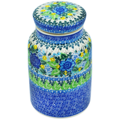 Polish Pottery Jar with Lid 7&quot; Lime Bouquet UNIKAT