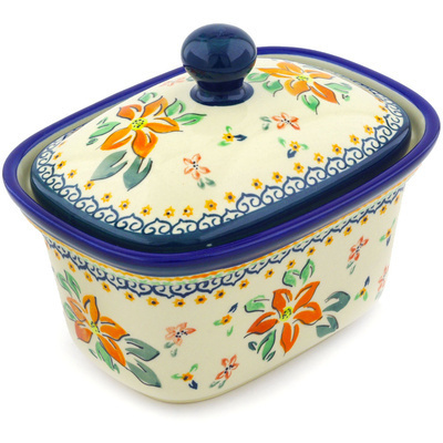 Polish Pottery Jar with Lid 7&quot; Orange Clematis