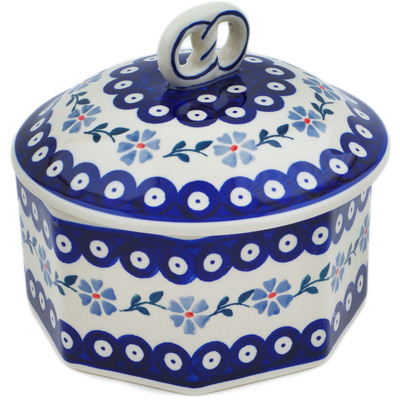 Polish Pottery Jar with Lid 7&quot; Peacock Forget-me-not