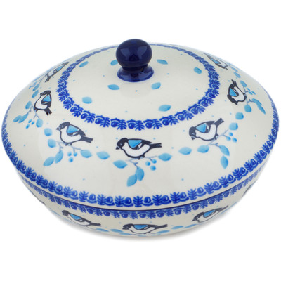 Polish Pottery Jar with Lid 7&quot; Winter Sparrow