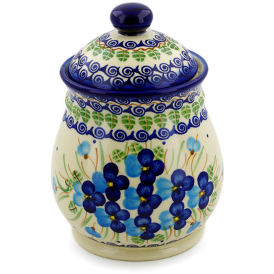 Polish Pottery Jar with Lid 8&quot; Blue Pansy