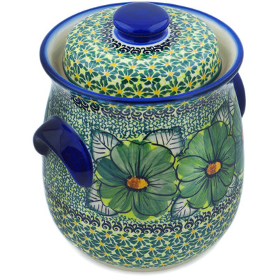 Polish Pottery Jar with Lid 8&quot; Green Fantasy UNIKAT