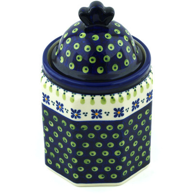 Polish Pottery Jar with Lid 8&quot; Green Gingham Peacock