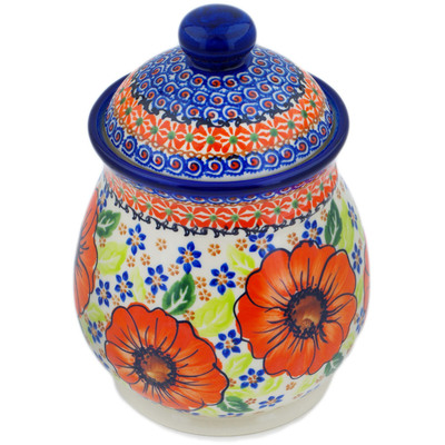 Polish Pottery Jar with Lid 8&quot; Orange Zinnia
