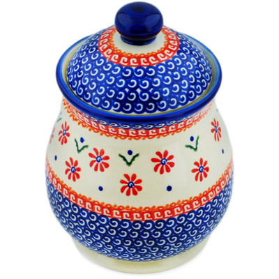 Polish Pottery Jar with Lid 8&quot; Red Daisy