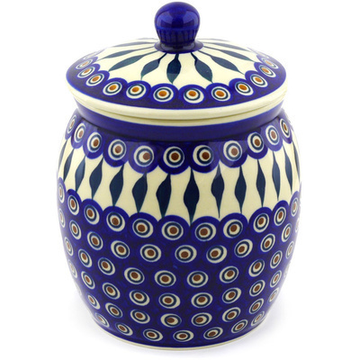 Polish Pottery Jar with Lid 9&quot; Peacock