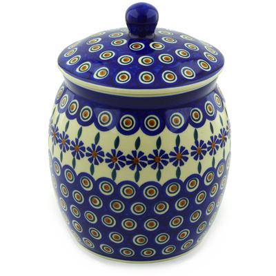 Polish Pottery Jar with Lid 9&quot; Peacock