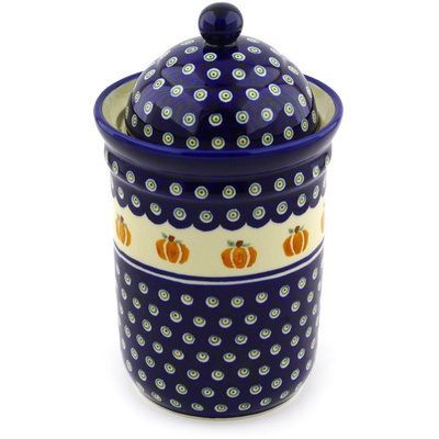 Polish Pottery Jar with Lid 9&quot; Peacock Pumpkin Patch