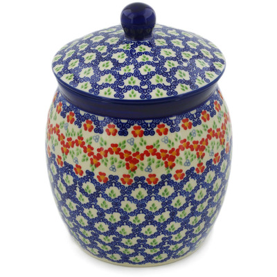 Polish Pottery Jar with Lid 9&quot; Red Chains UNIKAT