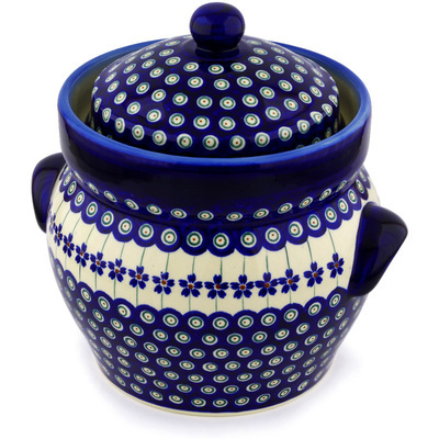 Polish Pottery Jar with Lid and Handles 10&quot; Flowering Peacock