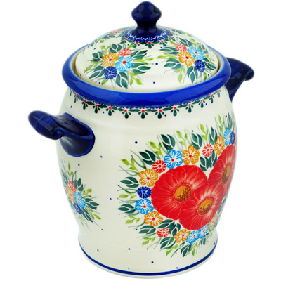 Polish Pottery Jar with Lid and Handles 10&quot; Red Tulip