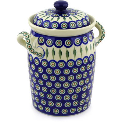 Polish Pottery Jar with Lid and Handles 11&quot; Peacock Leaves
