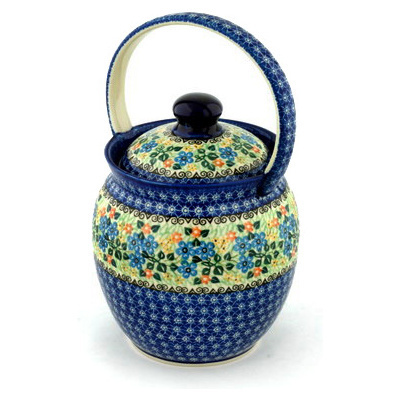 Polish Pottery Jar with Lid and Handles 12&quot; Periwinkle Blooms UNIKAT
