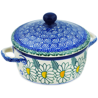Polish Pottery Jar with Lid and Handles 5&quot; Crazy Daisy