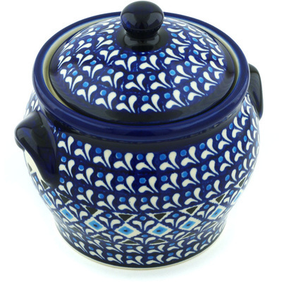 Polish Pottery Jar with Lid and Handles 6&quot; Blue Diamond Dream