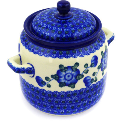 Polish Pottery Jar with Lid and Handles 6-inch Blue Poppies