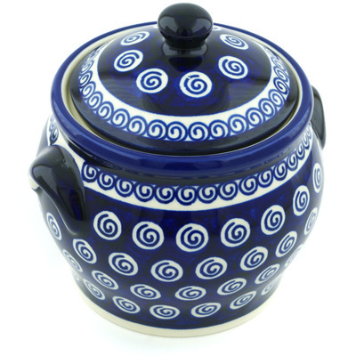Polish Pottery Jar with Lid and Handles 6&quot; Cobalt Swirl