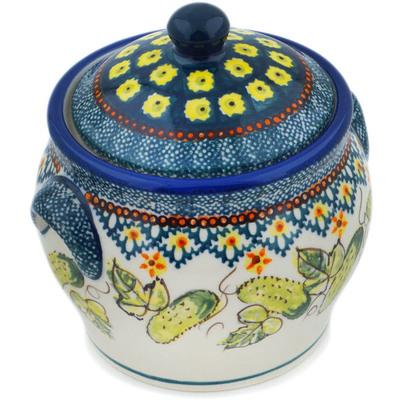 Polish Pottery Jar with Lid and Handles 6&quot; Cucumber Patch