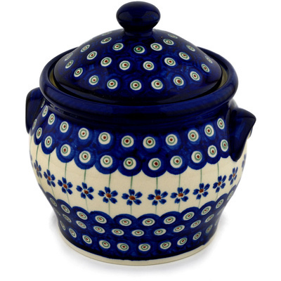 Polish Pottery Jar with Lid and Handles 6&quot; Flowering Peacock
