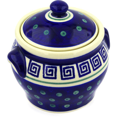 Polish Pottery Jar with Lid and Handles 6&quot; Greek Key