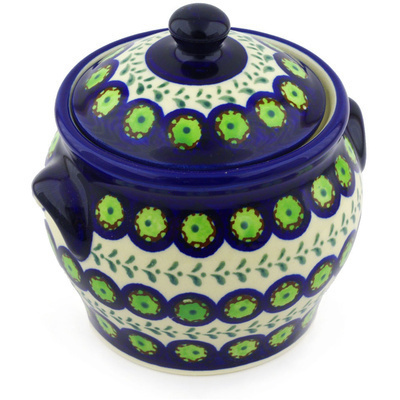 Polish Pottery Jar with Lid and Handles 6&quot; Green Laurel Peacock