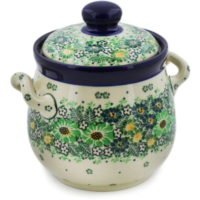 Polish Pottery Jar with Lid and Handles 6&quot; Green Wreath UNIKAT