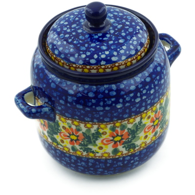 Polish Pottery Jar with Lid and Handles 6-inch Hidden Sunflower UNIKAT