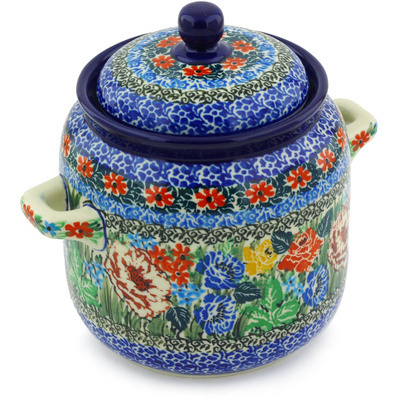 Polish Pottery Jar with Lid and Handles 6-inch Polish Garden UNIKAT