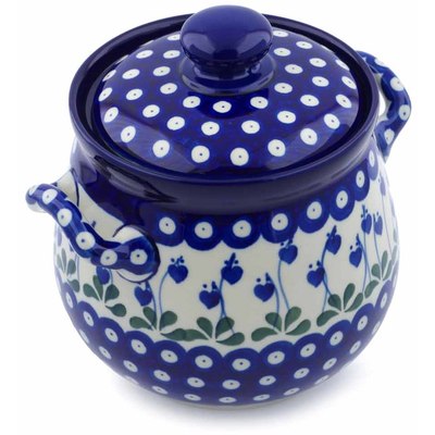 Polish Pottery Jar with Lid and Handles 7&quot; Bleeding Heart Peacock