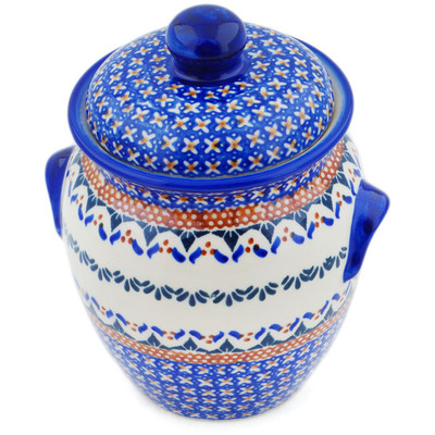 Polish Pottery Jar with Lid and Handles 7&quot; Blue Cress