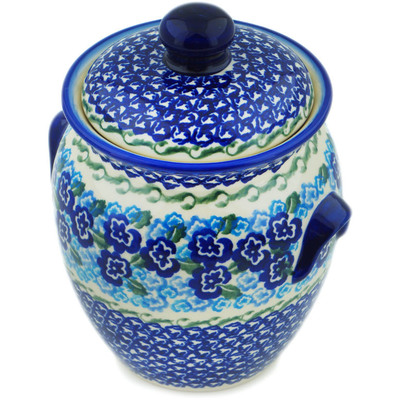 Polish Pottery Jar with Lid and Handles 7&quot; Blue Kiss Blooms