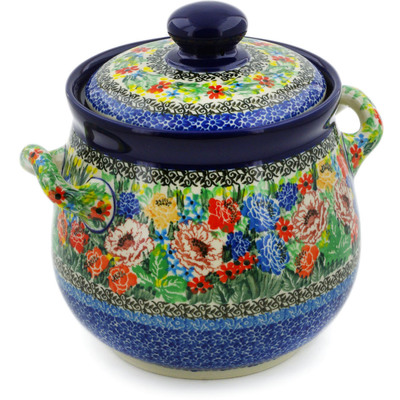 Polish Pottery Jar with Lid and Handles 7&quot; Carnation Valley UNIKAT