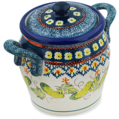 Polish Pottery Jar with Lid and Handles 7&quot; Cucumber Patch