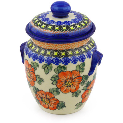 Polish Pottery Jar with Lid and Handles 7&quot; Perfect Pansies UNIKAT