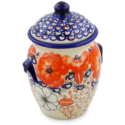 Polish Pottery Jar with Lid and Handles 7&quot; Poppy Passion UNIKAT