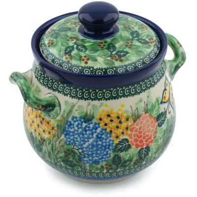Polish Pottery Jar with Lid and Handles 7&quot; Spring Garden UNIKAT