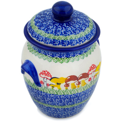Polish Pottery Jar with Lid and Handles 7&quot; Wild Mushroom Picking