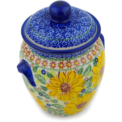 Polish Pottery Jar with Lid and Handles 7&quot; Yellow Petal Bliss