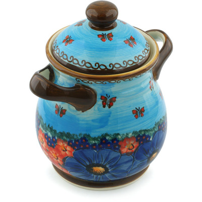 Polish Pottery Jar with Lid and Handles 8&quot; Blue Garden UNIKAT