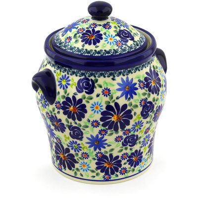 Polish Pottery Jar with Lid and Handles 8&quot; Blue Summer Garden