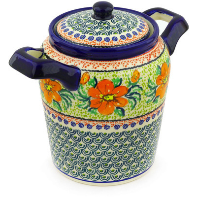 Polish Pottery Jar with Lid and Handles 8&quot; Fire Poppy UNIKAT
