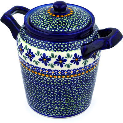 Polish Pottery Jar with Lid and Handles 8&quot; Gingham Flowers